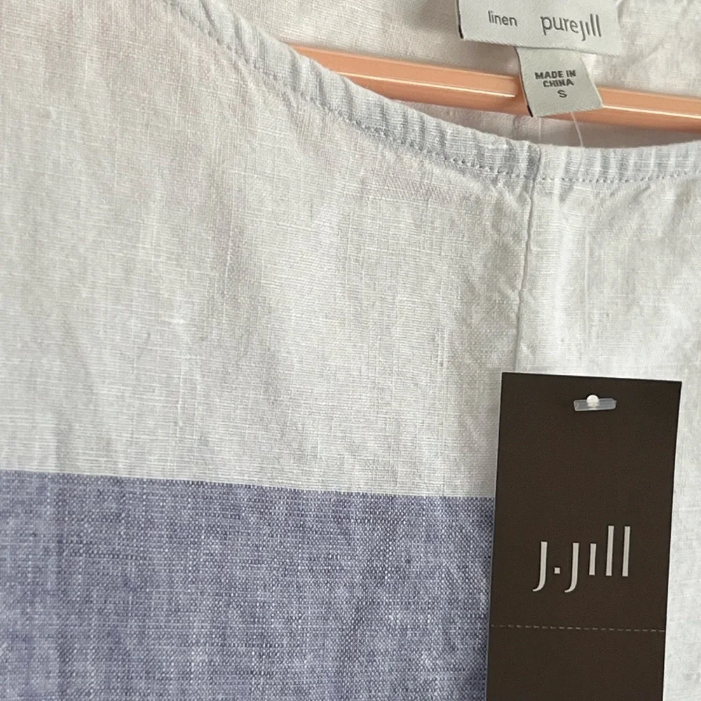 PURE JILL Top - White Linen Short Sleeve Pullover, Blue Color Block, Small‎ - Picture 3 of 8